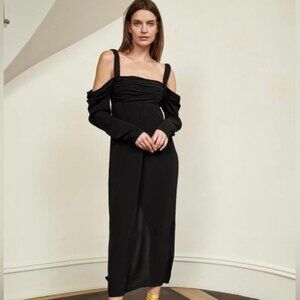 La Ligne New York Black Viscose Ruched Cold-Shoulder Midi Dress XS